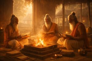 Vedic Studies course showing yagya ritual and ancient gurukul learning of Vedas